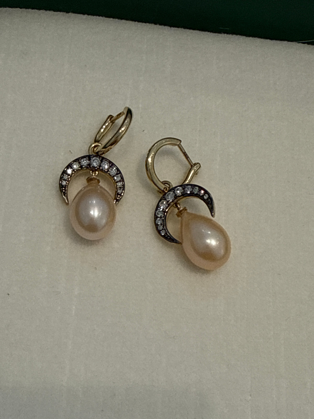 Crescent Moon Dia Pearl Drop Earrings