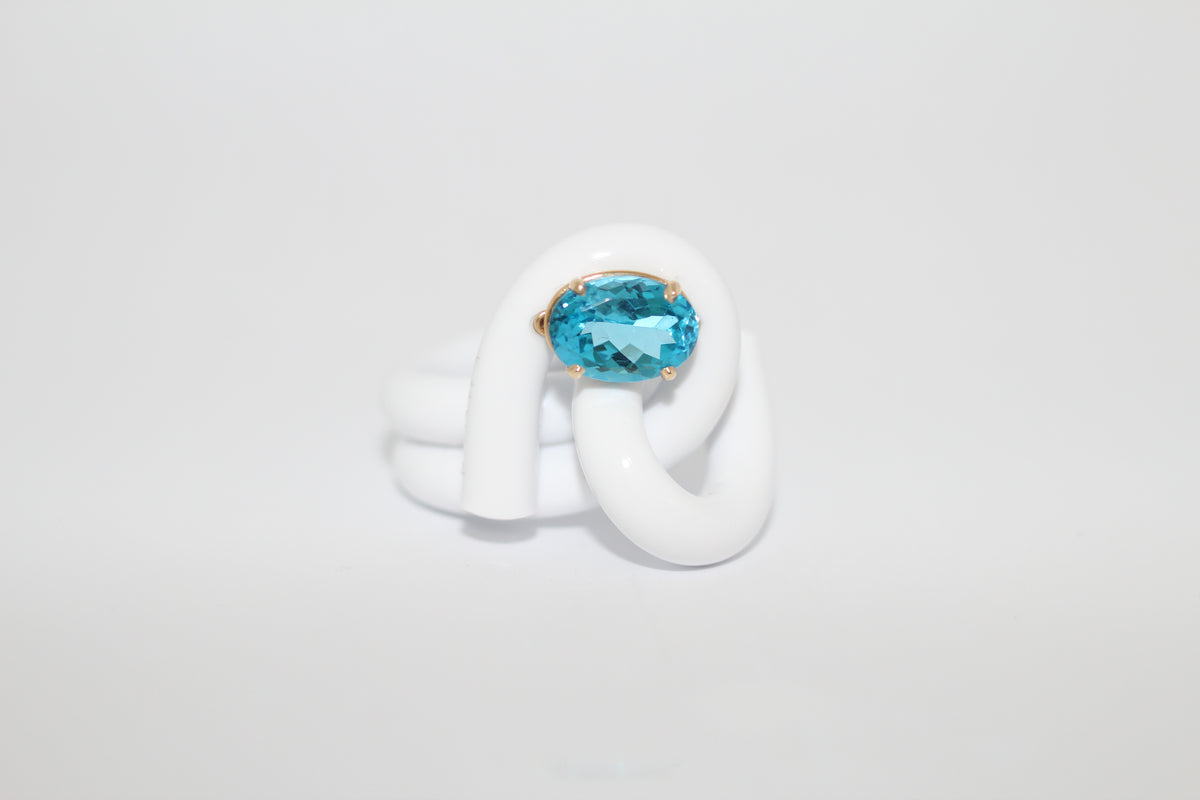 White Acrylic Blue Topaz 14k One-of-a-kind Ring
