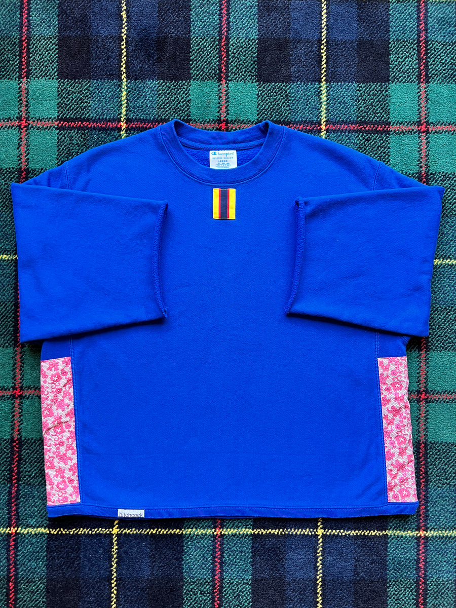 Large Cobalt Crewneck w/ Sweet Pink Floral Fabric