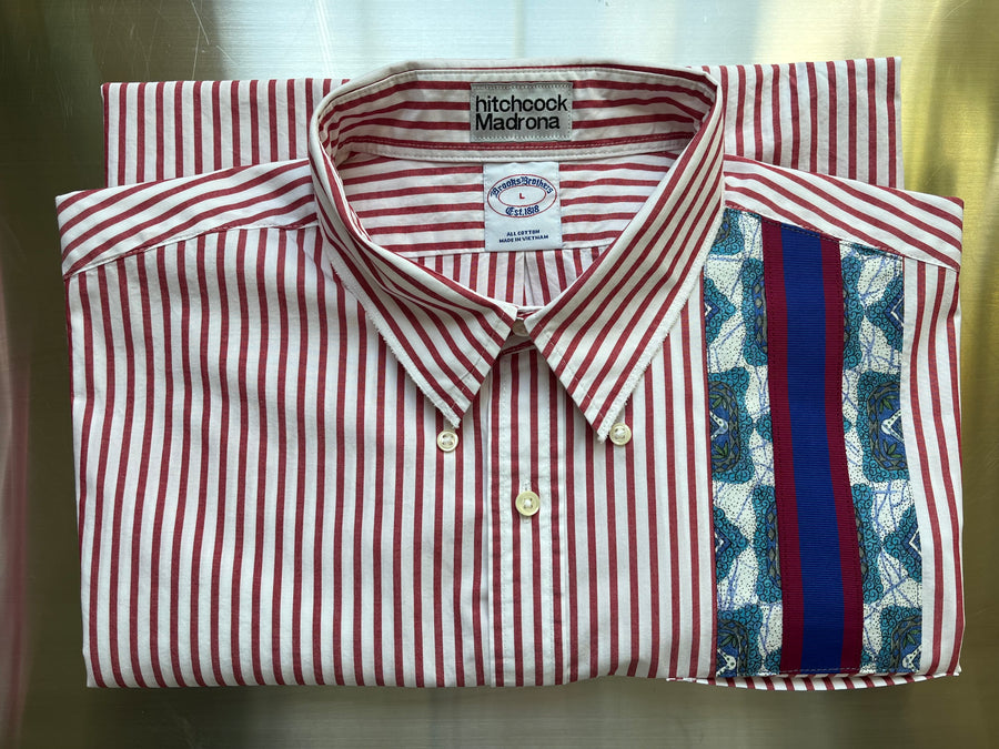 Large Red w/ Blue Mid-century Ribbon Pocket Shirt