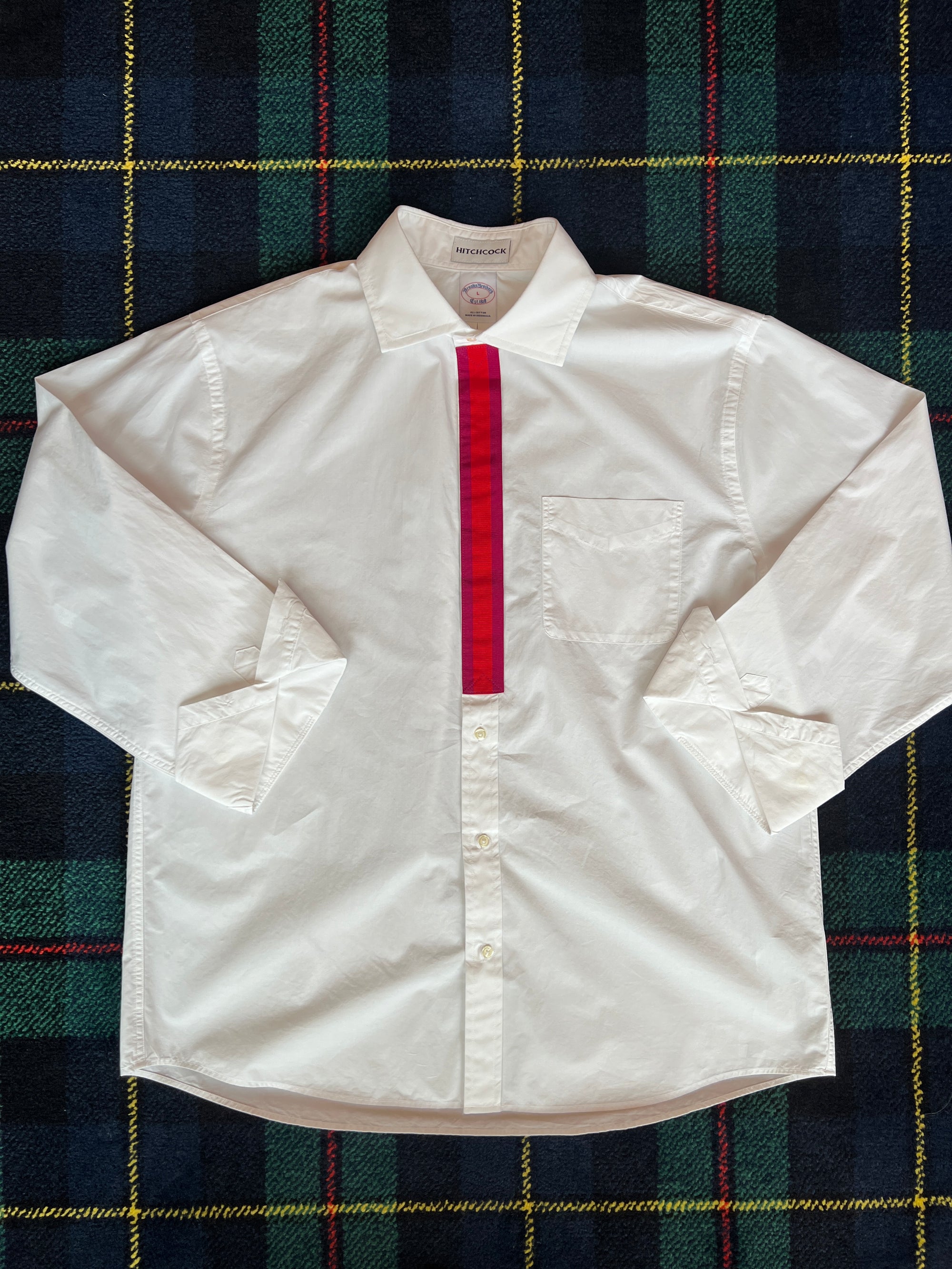 Large Coral & Fuchsia Ribbon Placket White Button Down Shirt