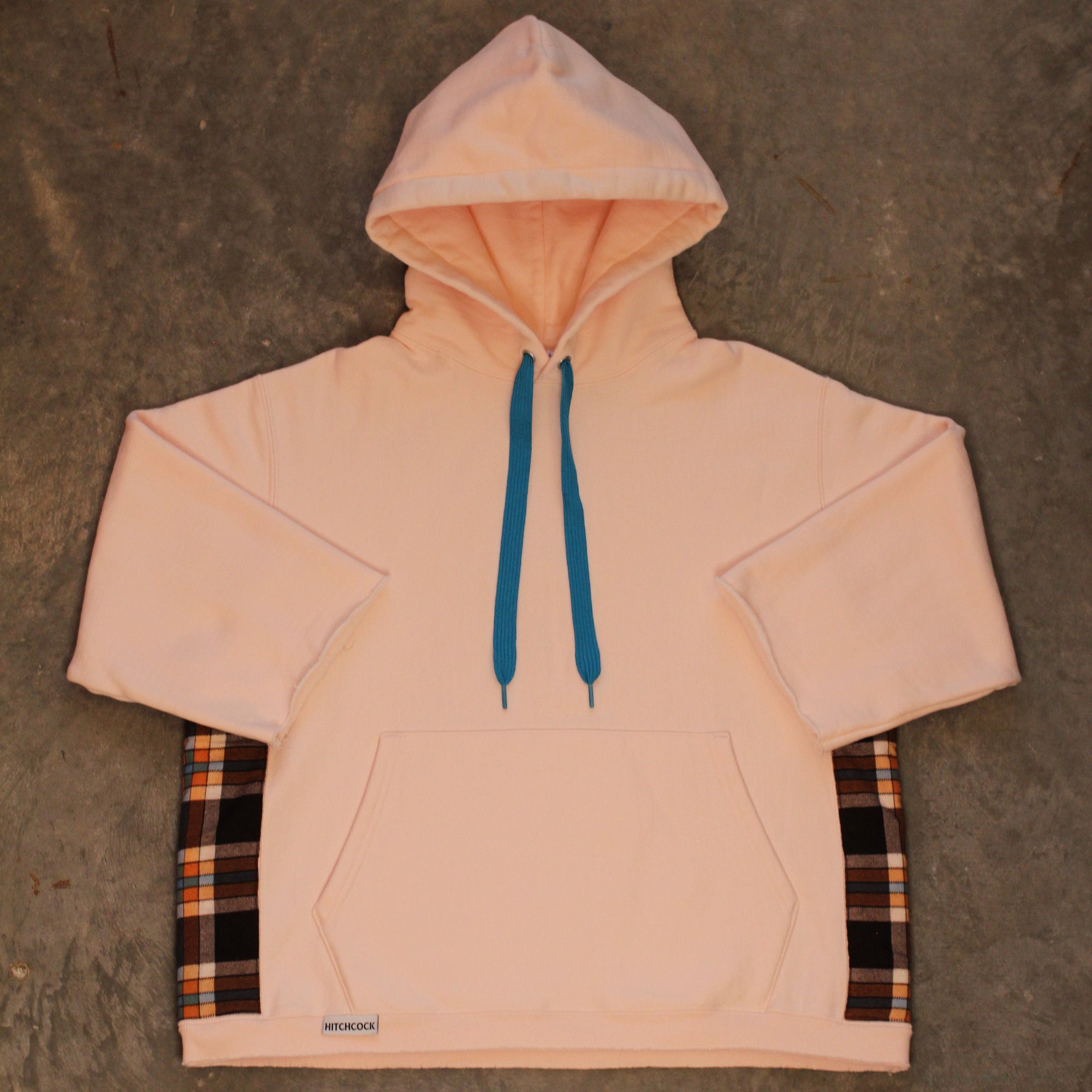 Medium Blush Hoodie with Orange and Blue Plaid