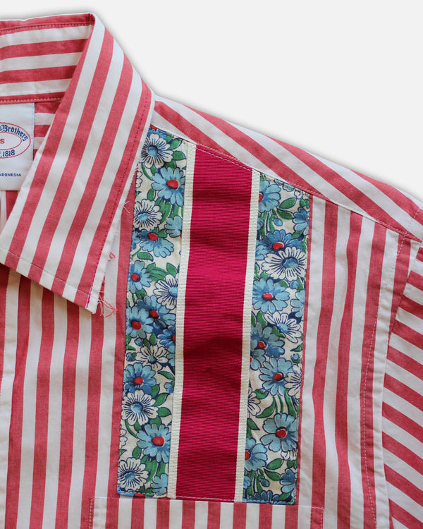 Hitchcock x Fred Hutch Red Striped with Blue Floral Ribbon Pocket Shirt