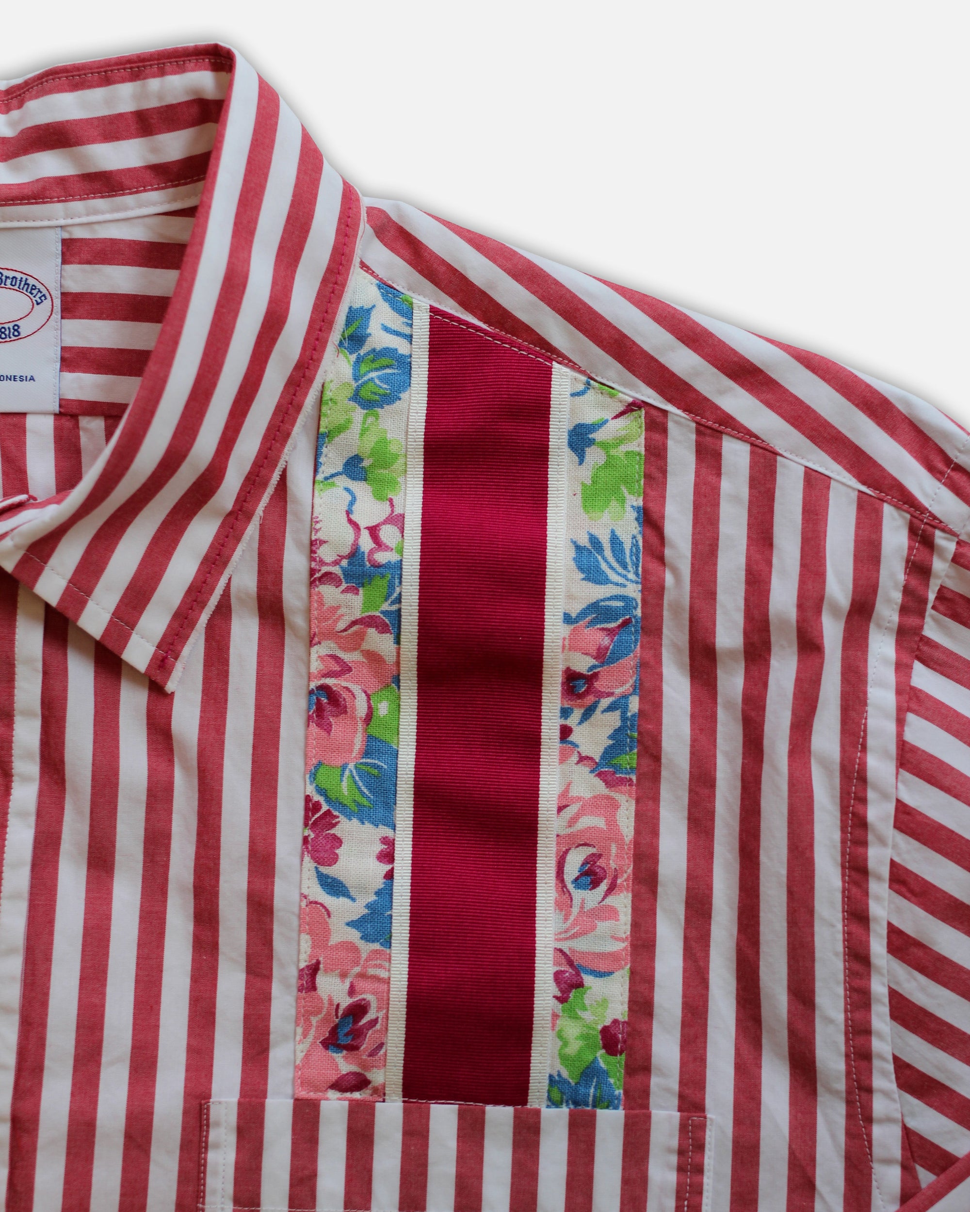 Hitchcock x Fred Hutch Red Striped with Pink Floral Ribbon Pocket Shirt