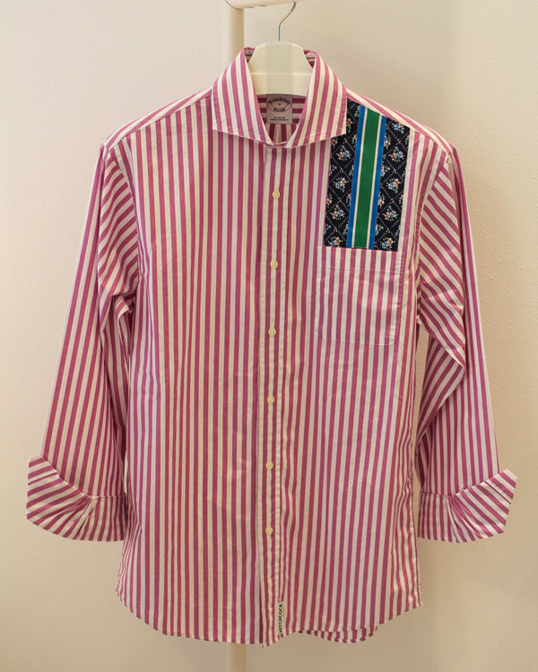 Small Purple Striped with Navy and Green Floral Ribbon Pocket Shirt