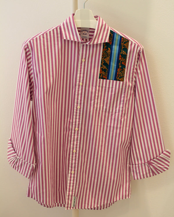 Small Purple Striped with Teal and Orange Floral Ribbon Pocket Shirt