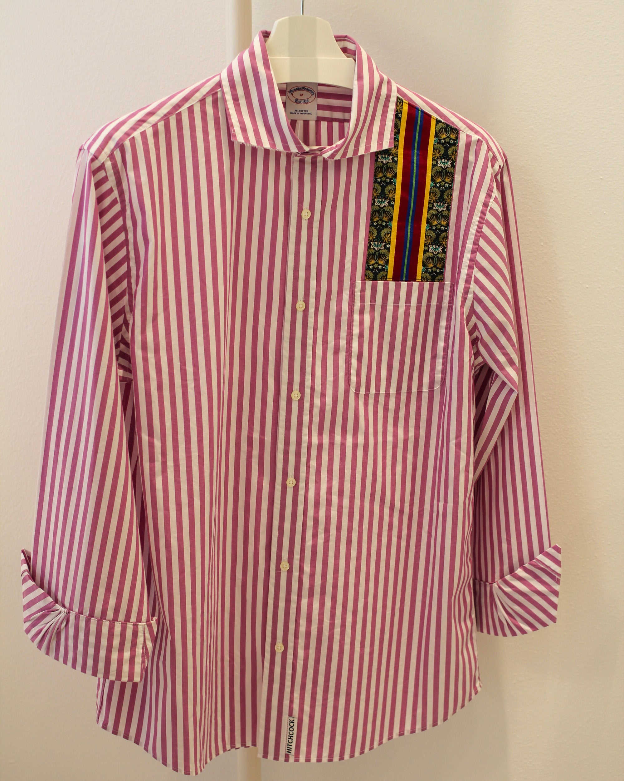 Medium Purple Striped with Red and Green Floral Ribbon Pocket Shirt