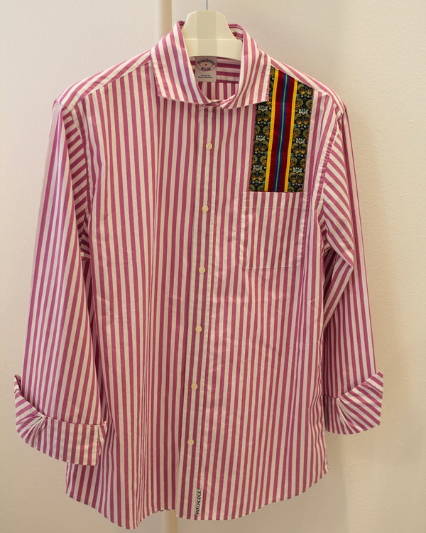 Medium Purple Striped with Red and Green Floral Ribbon Pocket Shirt