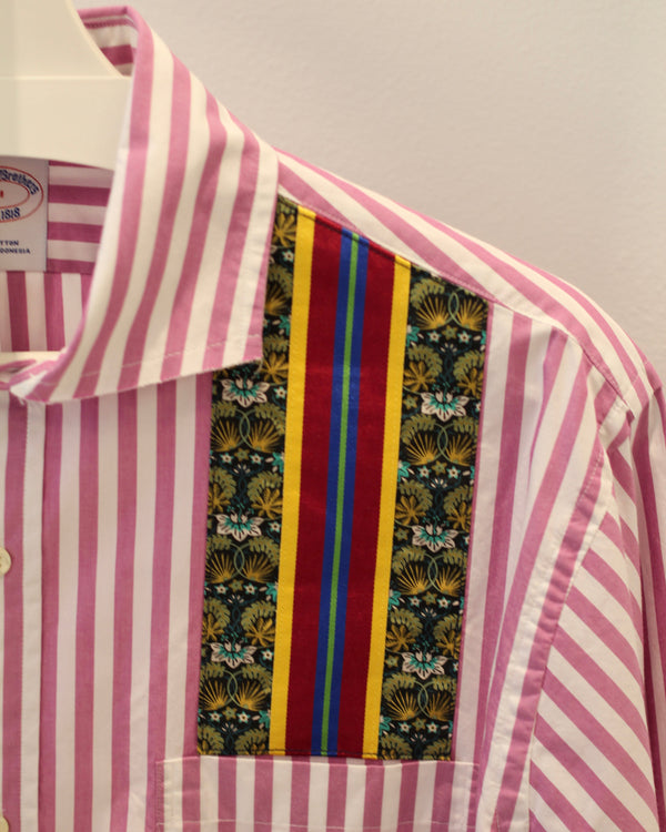 Medium Purple Striped with Red and Green Floral Ribbon Pocket Shirt
