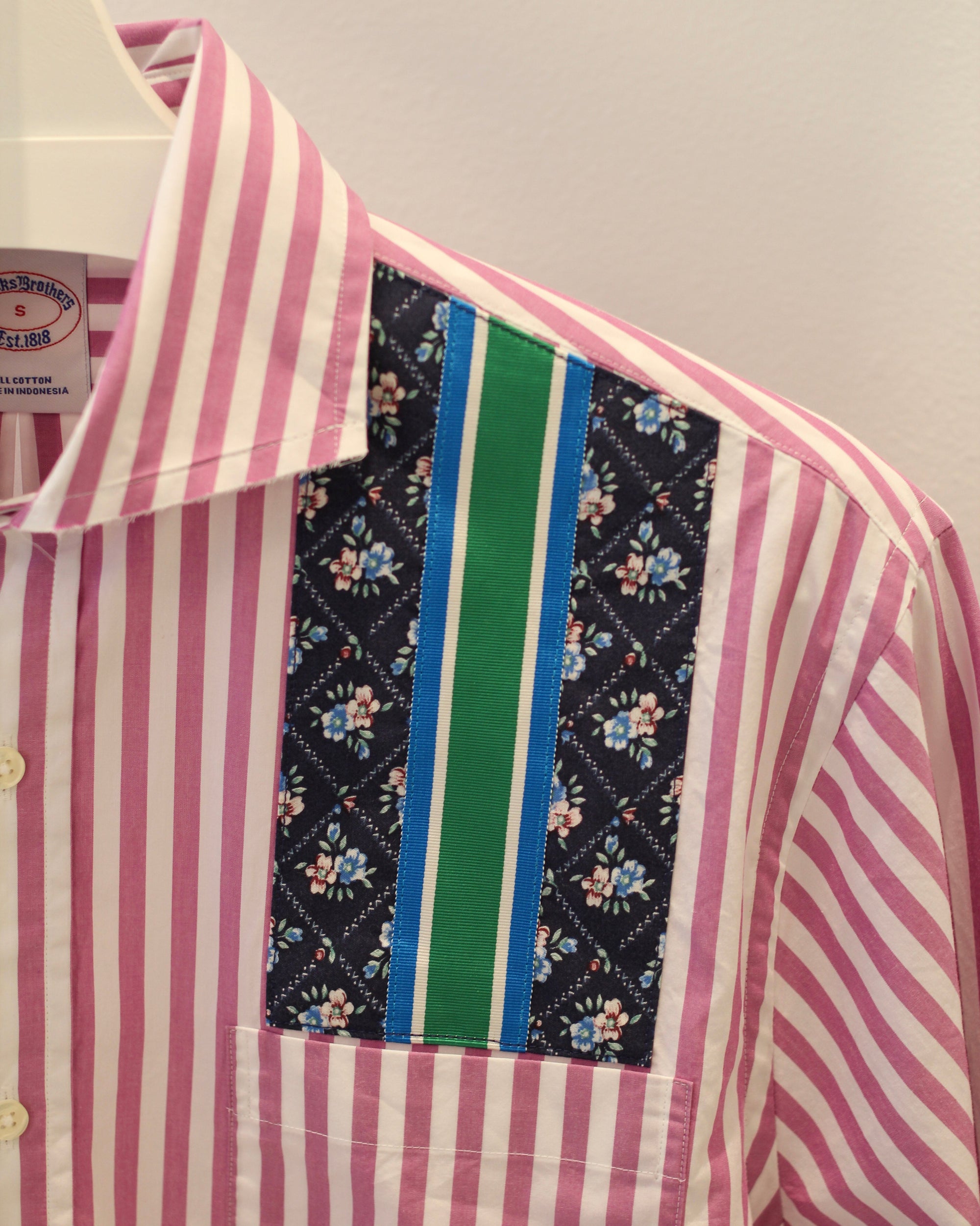Small Purple Striped with Navy and Green Floral Ribbon Pocket Shirt