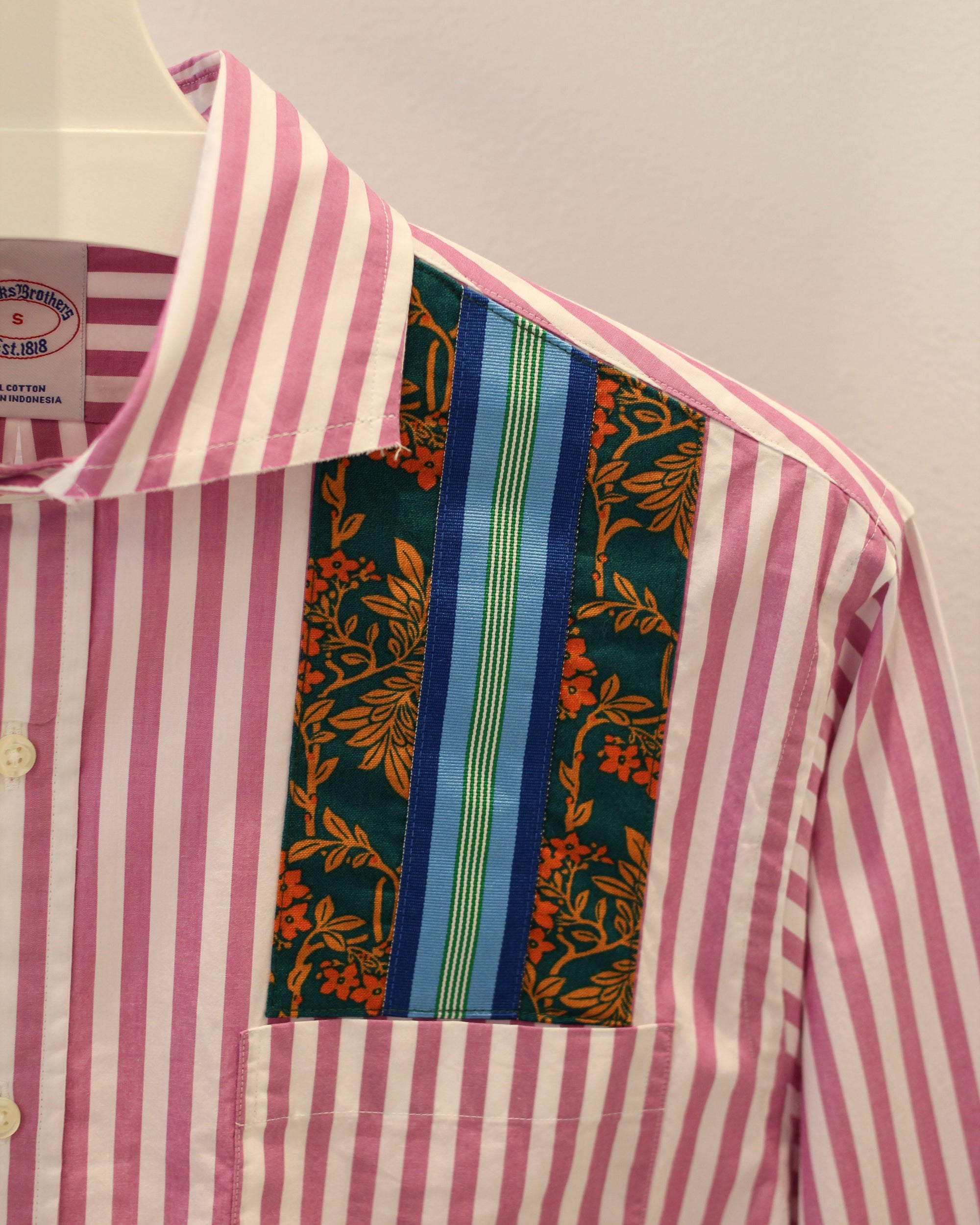 Small Purple Striped with Teal and Orange Floral Ribbon Pocket Shirt