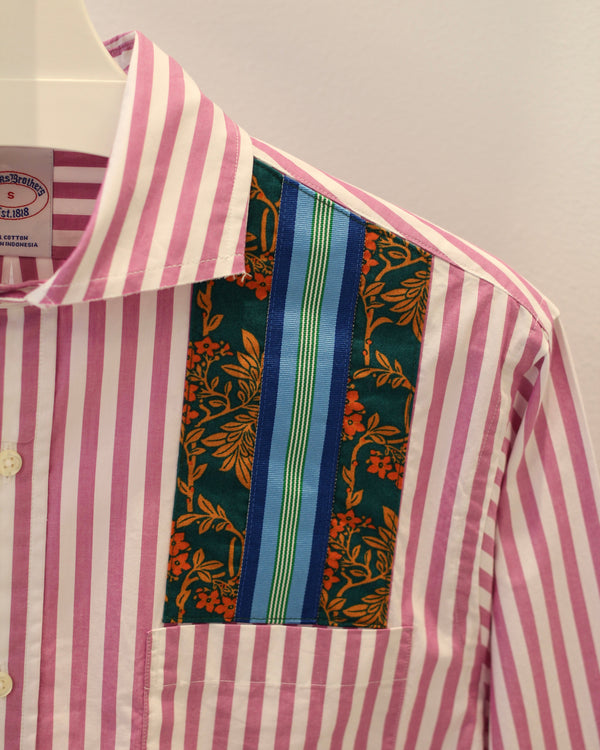 Small Purple Striped with Teal and Orange Floral Ribbon Pocket Shirt