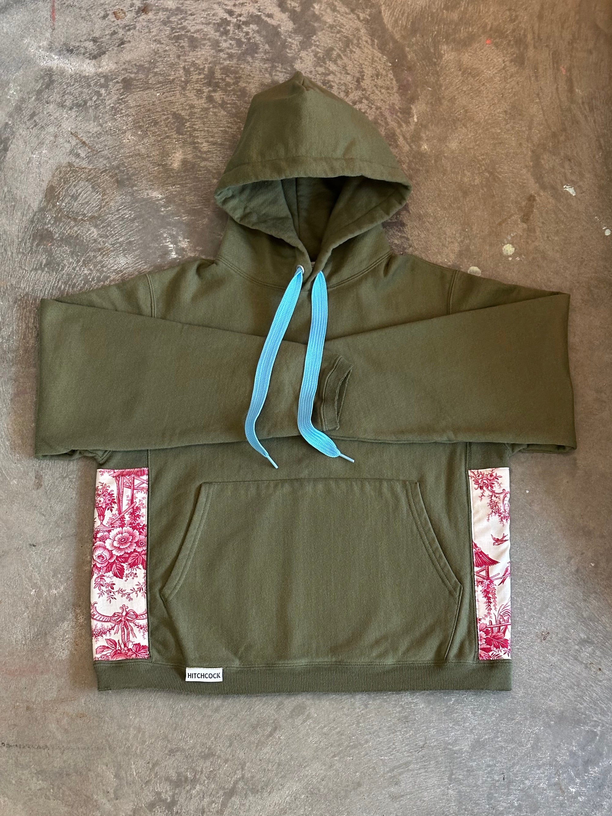 Small Olive Hoodie w/ Pink Toile Fabric