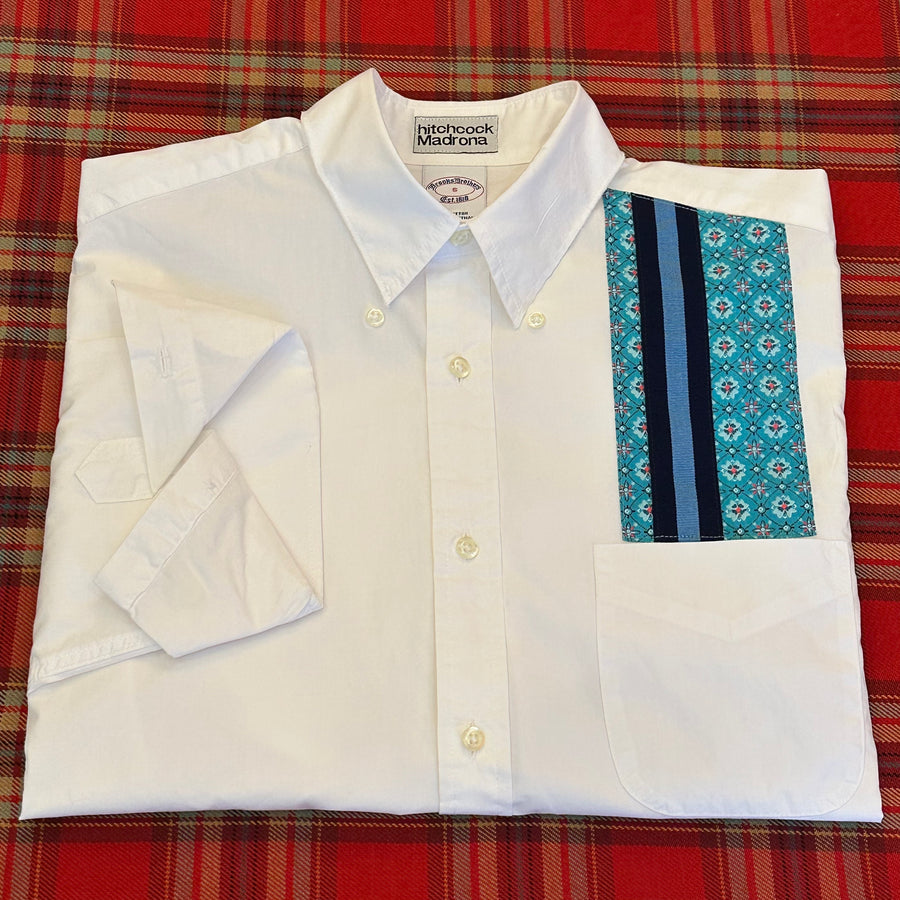 Small White Pocket Ribbon Shirt Blue Geometric Fabric